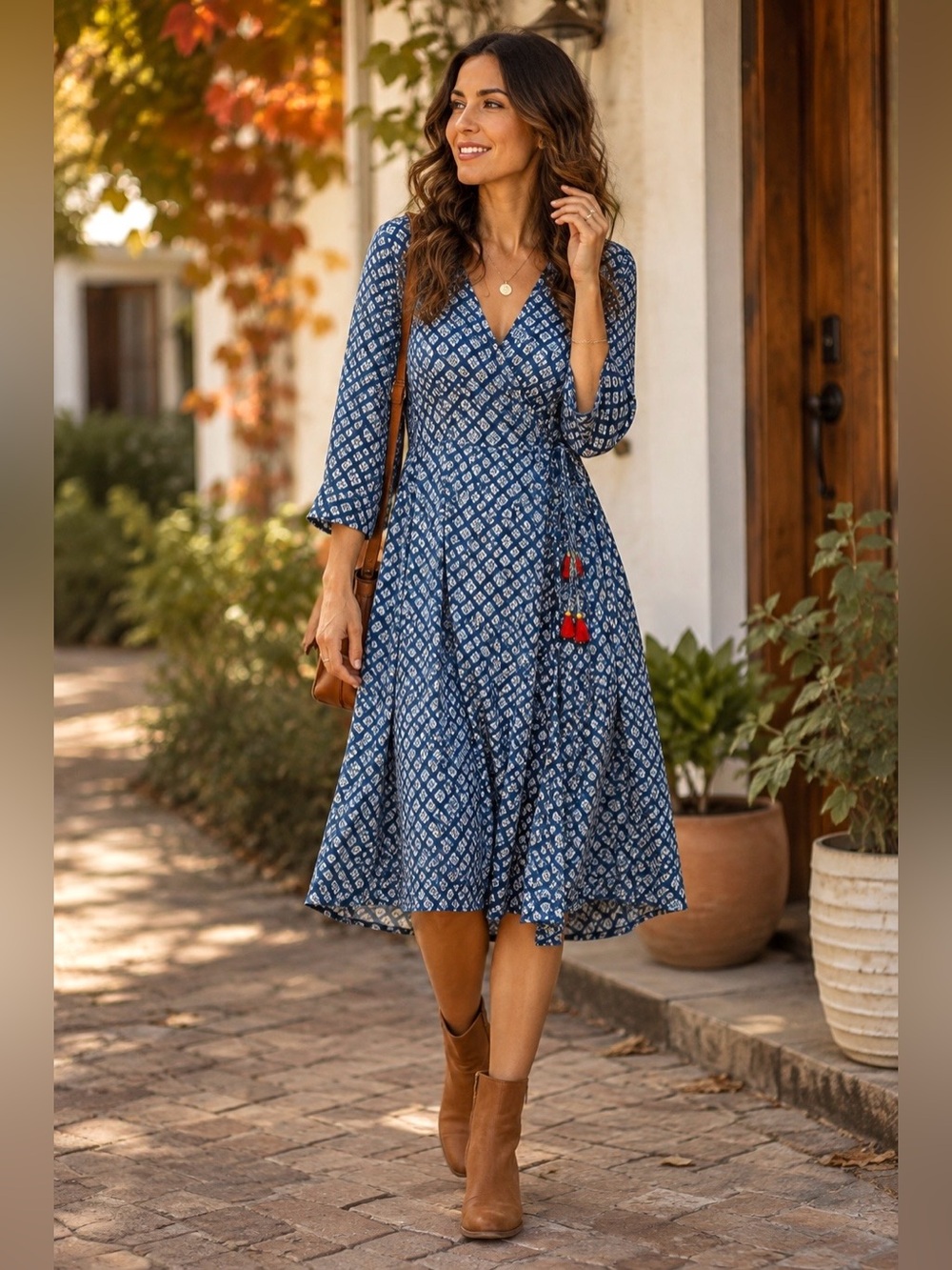 Janasya Blue Block Print Wrap Midi Dress XS Cotton Tassel Boho India